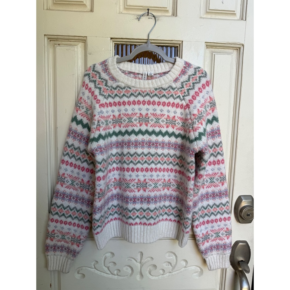 Janie and Jack Girls Fair Isle Sweater Cream Pink Green Wool Blend Knit Size 10